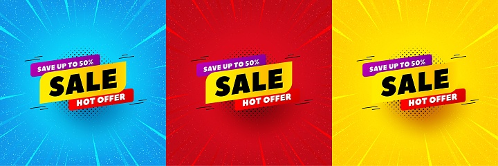 Sale 50 percent off banner. Sunburst offer banner, flyer or poster. Discount sticker shape. Hot offer icon. Sale 50% promo event banner. Starburst pop art coupon. Special deal. Vector