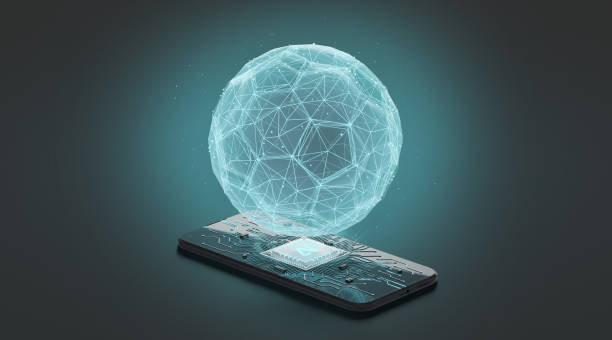 Black phone artificial intelligence soccer ball chip mockup, dark background, 3d rendering. Intellect simulation gpt process generating. Internet developer network for graphics innovation template.