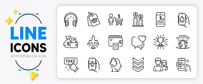 24h service, Plane and Sale tag line icons set for app include Stress, Ab testing, Headphones outline thin icon. Mobile finance, Bell alert, Heart pictogram icon. Trophy, Music app. Vector
