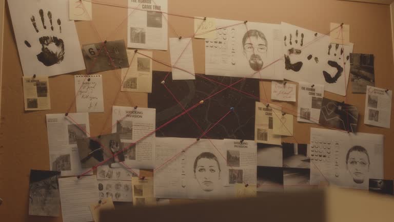 Investigation Board with Red Thread on Wall in Detective Office