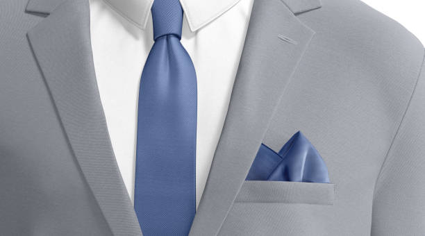 istock Blank blue folded pocket square in gray classic suit mockup 1674144128