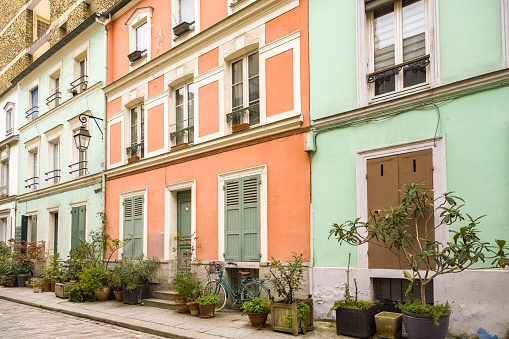 Paris, colorful houses rue Cremieux, typical street in the 12e arrondissement