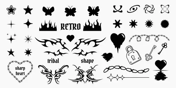 Vector illustration of Collection of Y2K trendy shapes, tribal patterns, vector isolated drawings