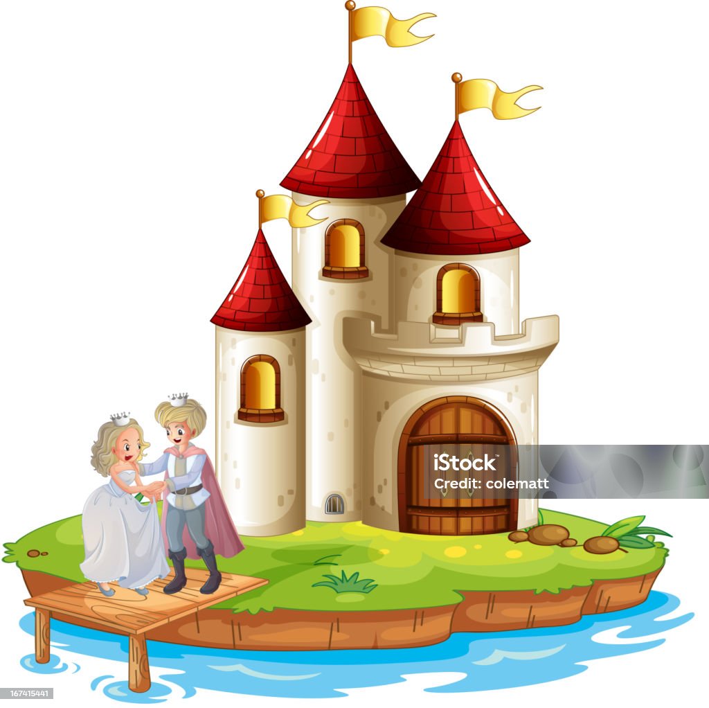 Príncipe e princesa com castelo ao fundo - Vetor de Amor royalty-free