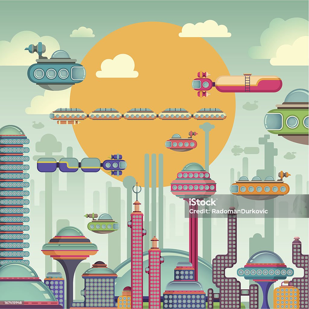 Comic futuristic city. Comic futuristic city with flying vehicles and skyscrapers. Vector illustration. Futuristic stock vector