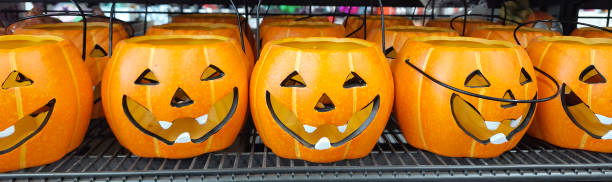 istock Banner with Jack O Lanterns pumpkins. 1674165658