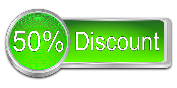 50% Discount button green - 3D illustration
