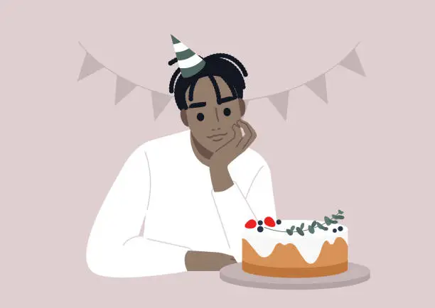 Vector illustration of A young character, chin in hand, ponders a birthday cake, feeling a mix of emotions â sadness and excitement â about aging