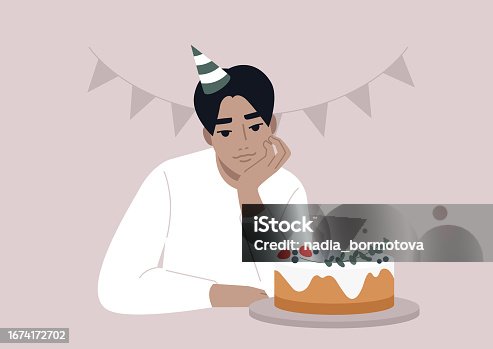 istock A young character, chin in hand, ponders a birthday cake, feeling a mix of emotions â sadness and excitement â about aging 1674172702
