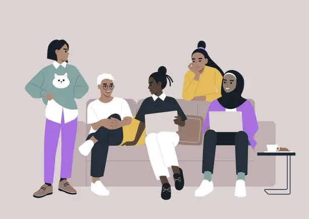 Vector illustration of A diverse assembly of young women gathered together on a sofa, engaging in animated discussions about a project they are collaboratively working on