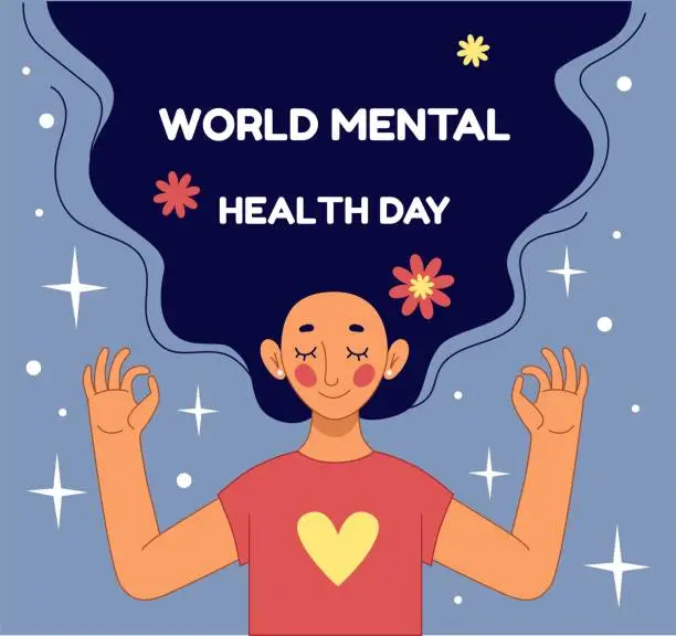 Vector illustration of Happy mental health day. Medicine or human psychology. International event. Healthy care. Woman portrait. Mind disease awareness. Psychological help. Vector illustration tidy poster