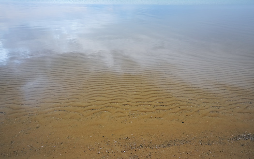 Calm flat water surface with minor ripples in sand below, few white salt crystals visible - Dead Sea at Ein Bokek beach