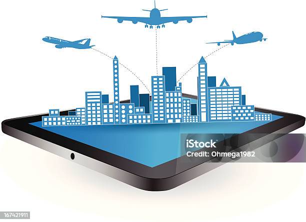 Avião De Transporte No Tablet Ecrã Para Transporte Conceito Vector - Arte vetorial de stock e mais imagens de Avião