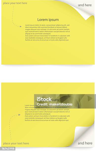 Yellow Paper 카드 꼬불한 코너 0명에 대한 스톡 벡터 아트 및 기타 이미지 - 0명, 노트, 둥글게 말려진