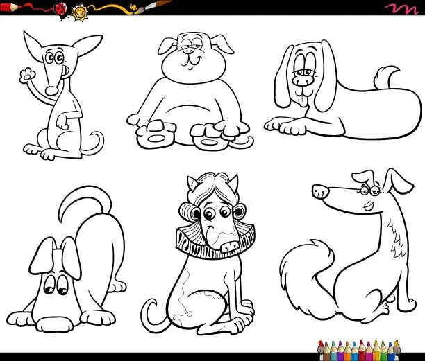 Vector illustration of cartoon dogs animal characters set coloring page