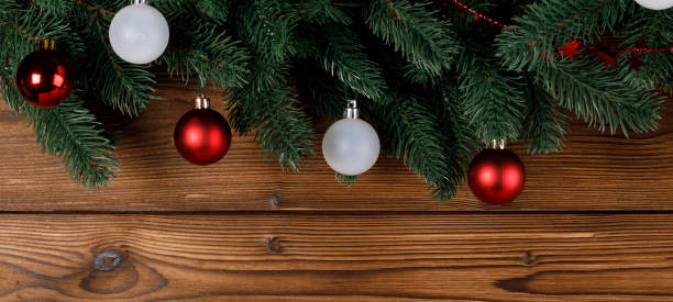 istock Christmas card with fir and baubles 1674244110