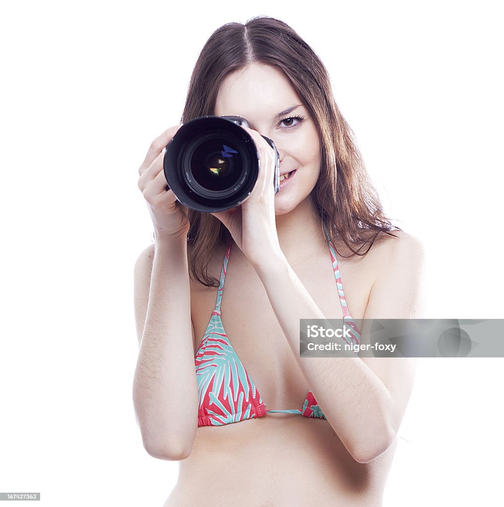Souriant femme avec caméra professionnelle - Photo de Activité libre de droits