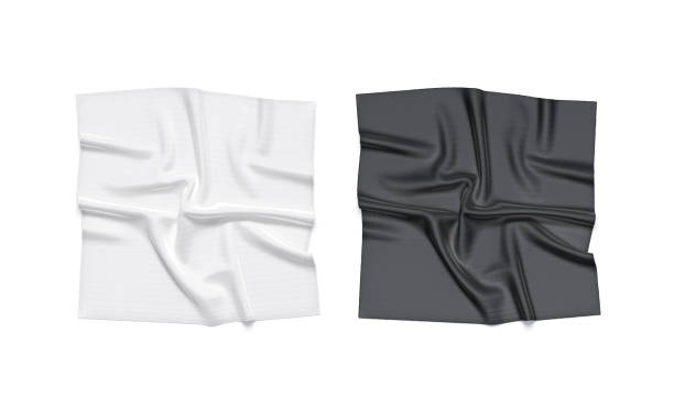 Blank black and white twill silk scarf mockup, top view Blank black and white twill silk scarf mockup, top view, 3d rendering. Empty tweed or silken headscarf accessories mock up, isolated. Clear fabric or chiffon square neckerchief cover template. black shawl wrap stock pictures, royalty-free photos & images