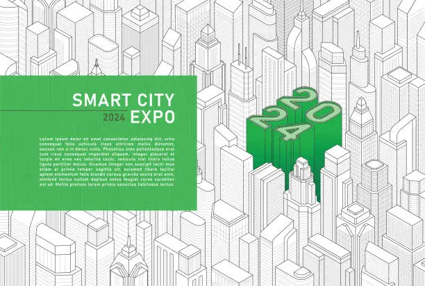 Vector illustration of 2024 Isometric Smart City Green Roof Urban Downtown Brochure Flyer