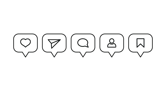 Like, comment, follower, share and save icon vector illustration. Social media set on isolated background. Notification sign concept.