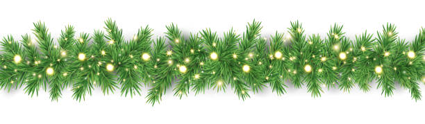 Christmas fir garland border. Xmas tree branches with gold light. Glitter luxury decoration. Golden neon bulb frame. Holiday glow particle. Magic star. Celebration party design. Vector illustration Christmas fir garland border. Xmas tree branches with gold light. Glitter luxury decoration. Golden neon bulb frame. Holiday glow particle. Magic star. Celebration party design. Vector illustration. pine garland stock illustrations