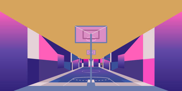 90s style street basketball court neon colors - 90s style street basketball court neon colors 90s style street basketball court neon colors - Cancha de baloncesto callejera estilo años 90 colores neon asphalt basketball court stock illustrations