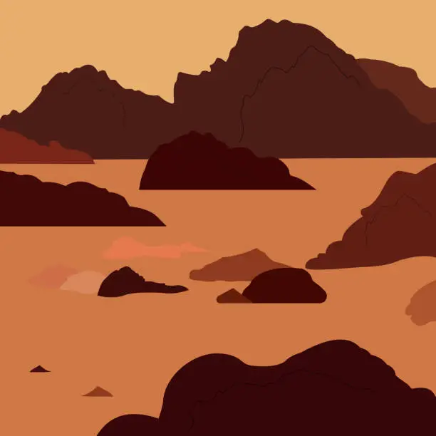 Vector illustration of Mars landscape, alien planet background, red desert surface with mountains. Mars extraterrestrial computer game backdrop, cartoon vector illustration. World space week.
