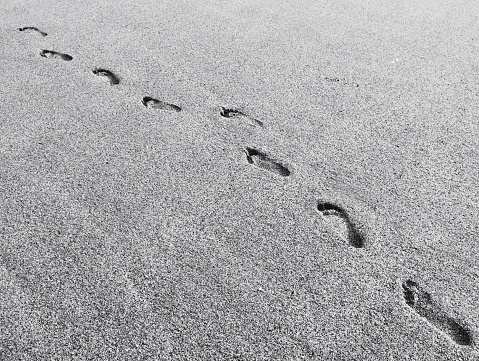 Footprints in the  white sand, sea in distance. Shoab beach, Soqotra, Yemen.