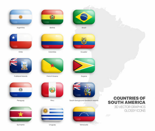 South America Countries Flags 3D Vector Round Glossy Icons Set Isolated On White South America Countries Flags 3D Vector Rounded Glossy Icons Set Isolated On White. American Official National Flags Bright Vivid Color Bulging Convex Round Buttons Collection On Light Background latin american flags stock illustrations