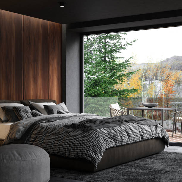 istock Luxurious apartment master bedroom interior with large window 1674379704