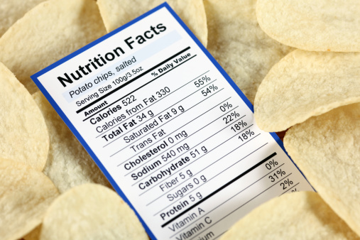Nutrition facts of salted potato chips with potato chips background