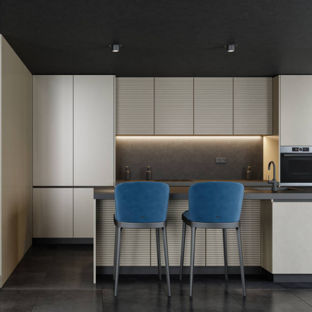 istock Modern minimalist kitchen with island and stools 1674402170