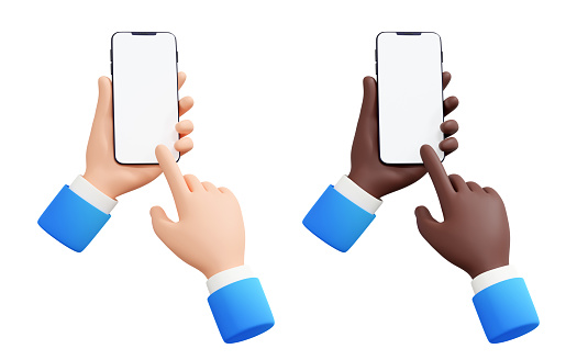 Hand holding mobile phone 3d render illustration set - human hand in blue business suit with telephone with empty screen. Smartphone mockup with blank display in cartoon human arm.