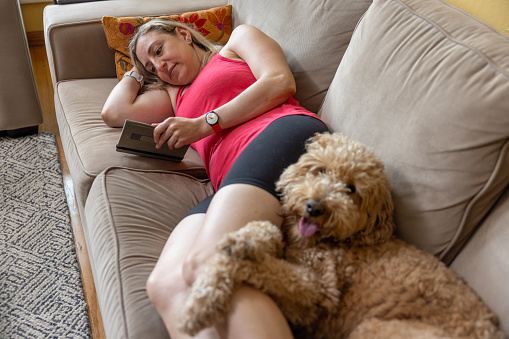 High quality stock photo of a middle aged woman reading a book on an e-reader and relaxing with her male Goldendoodle dog.