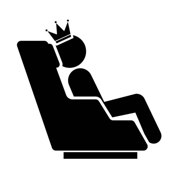 Vector illustration of Crowned passenger sitting in a first class seat on an airplane. Vector.