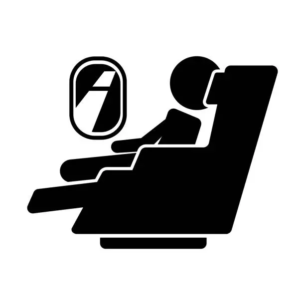 Vector illustration of Person sitting in first class airplane seat silhouette icon. Vector.