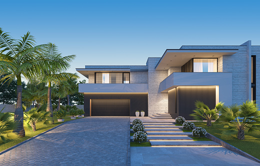 Modern villa. Architecture concept for Real estate. Palms garden