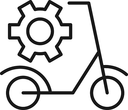 Gear over Scooter Isolated Line Icon. Perfect for web sites, apps, UI, internet, shops, stores. Simple image drawn with black thin line