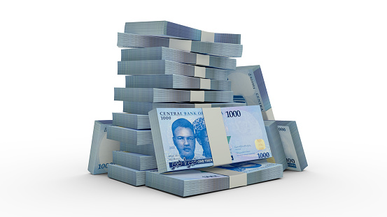 3d rendering of Stacks of 1000 Nigerian Naira notes. bundles of Nigerian currency notes isolated on white background