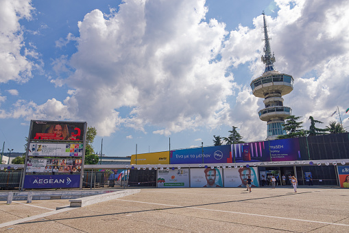 Thessaloniki, Greece - September 9 2023: Entrance to 87th TIF International fair taking place from 09 to 17 September 2023, with banners. Bulgaria is the honoured country this year.