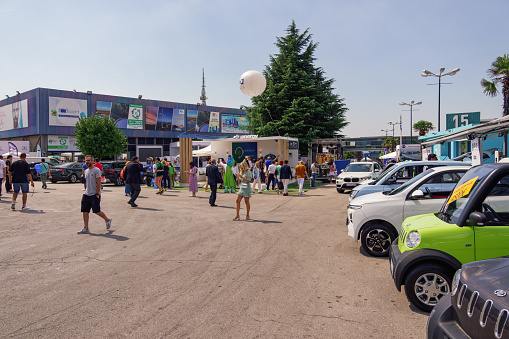 Thessaloniki, Greece - September 9 2023: Visitors outside pavilions of the 87th TIF International fair, taking place from 09 to 17 September 2023.