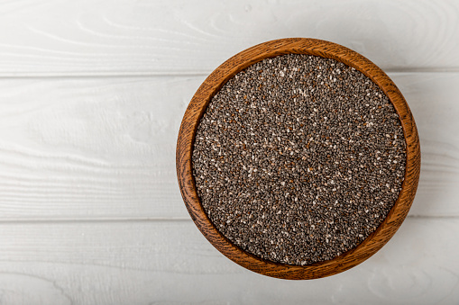 Bowl and spoon with chia seeds, closeup.Superfood. Healthy food. Diet. The concept of proper nutrition. antioxidant. Place for text, space for copy.