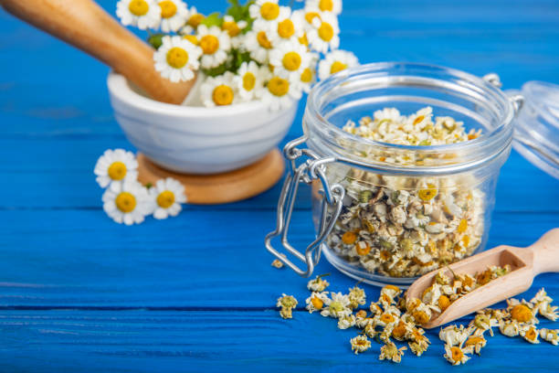 istock Dry chamomile flowers on a wooden table. Soothing chamomile tea. Herbal drink. flat layout. Space for text.Copy space.Medical prevention and immune concept. Folk alternative medicine. 1674485493