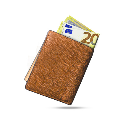 3D rendering of Euro notes popping out of a brown leather men’s wallet. Euro in wallet