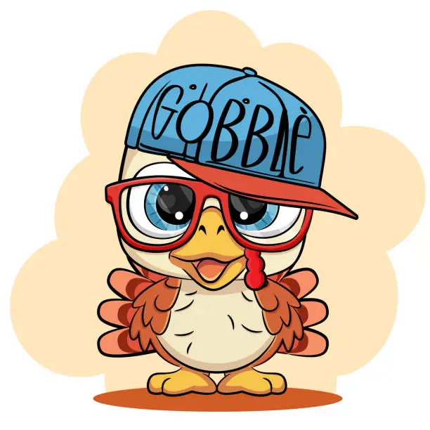 Vector illustration of Happy Thanksgiving Day. Funny Turkey bird cartoon character in cap and glasses. Vector illustration.