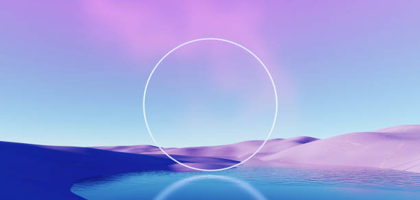 istock 3d Render, Abstract Surreal pastel landscape background with arches and podium for showing product, panoramic view, Colorful dune scene with copy space, blue sky and cloudy, Minimalist decor design 1674489402