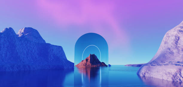 istock 3d Render, Abstract Surreal pastel landscape background with arches and podium for showing product, panoramic view, Colorful dune scene with copy space, blue sky and cloudy, Minimalist decor design 1674489404