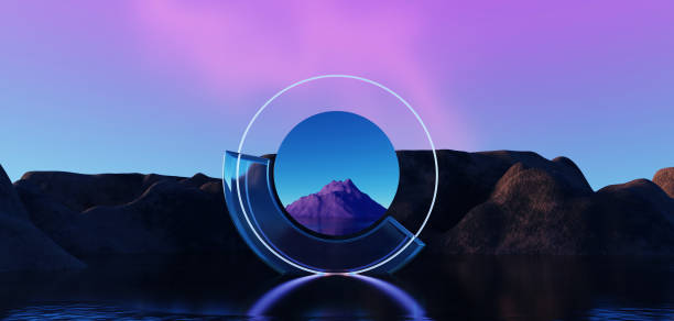 istock 3d Render, Abstract Surreal pastel landscape background with arches and podium for showing product, panoramic view, Colorful dune scene with copy space, blue sky and cloudy, Minimalist decor design 1674489407