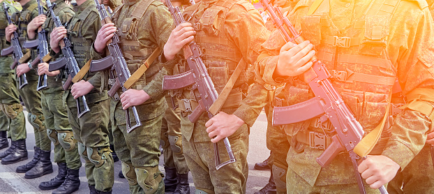Soldiers stand in line with rifles. Soldiers shoulder to shoulder during the parade.