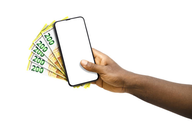 istock Black hand holding mobile phone with blank screen and 200 Euro notes 1674490052